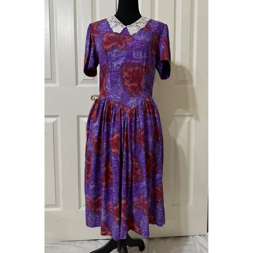VTG 80s Handmade Floral Dress Lace Collar Petal Sleeeve Pleatd Triangle Waist M?